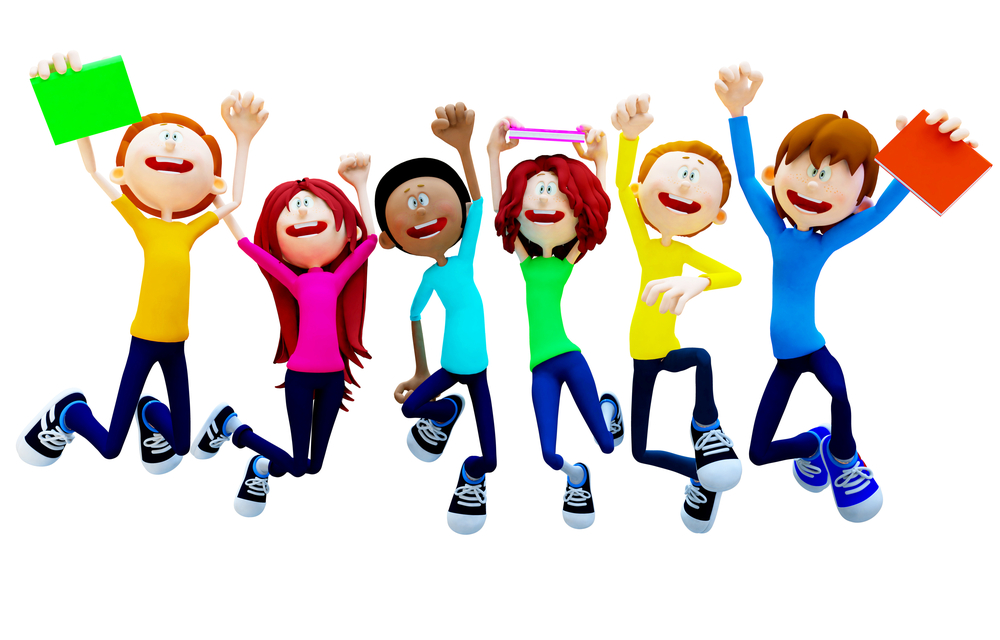 3D Happy group of students jumping - isolated over a white backgorund