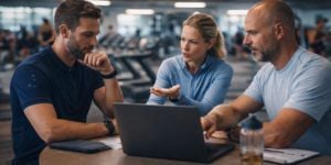 gym staff reviewing data on a laptop