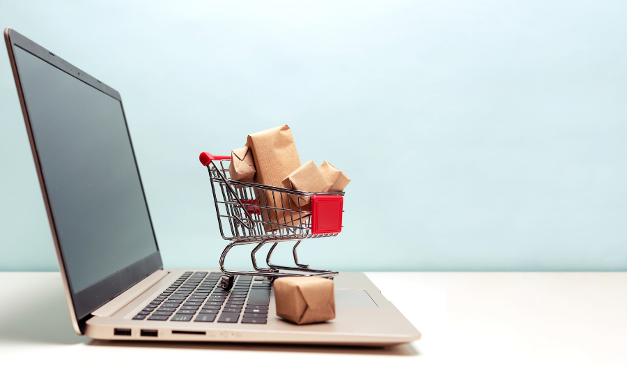 Online shopping laptop and trolley